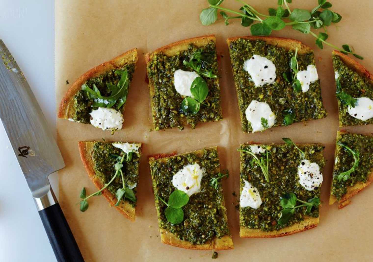 Chickpea Pizza with Pistachio Nettle Pesto – DelicioUS!