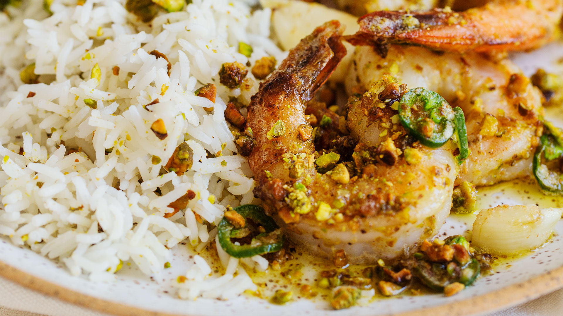 Pistachio & Chili Crusted Shrimp with Pistachio Rice – DelicioUS!