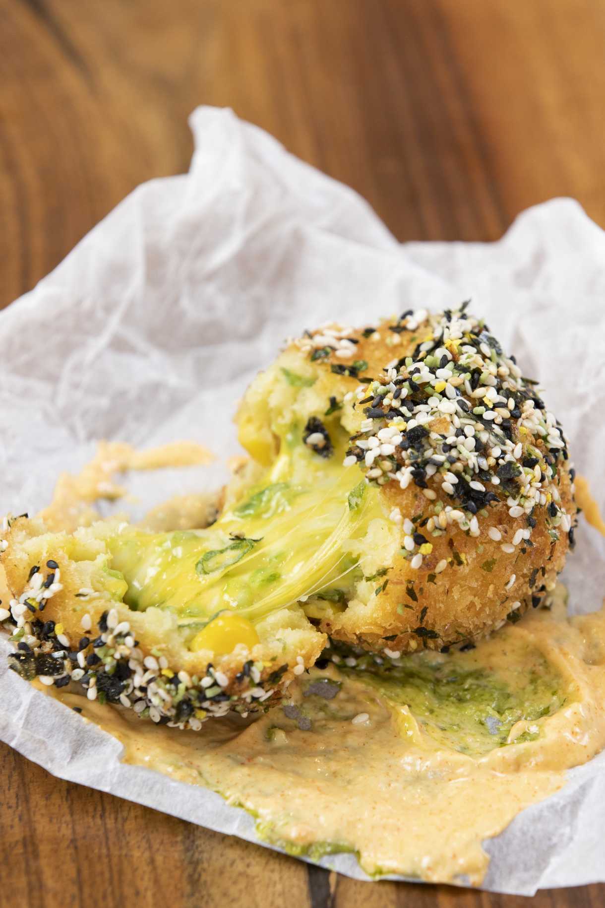 U.S. CheddarChiliPotatoBomb with Furikake, SichuanChiliMayo and