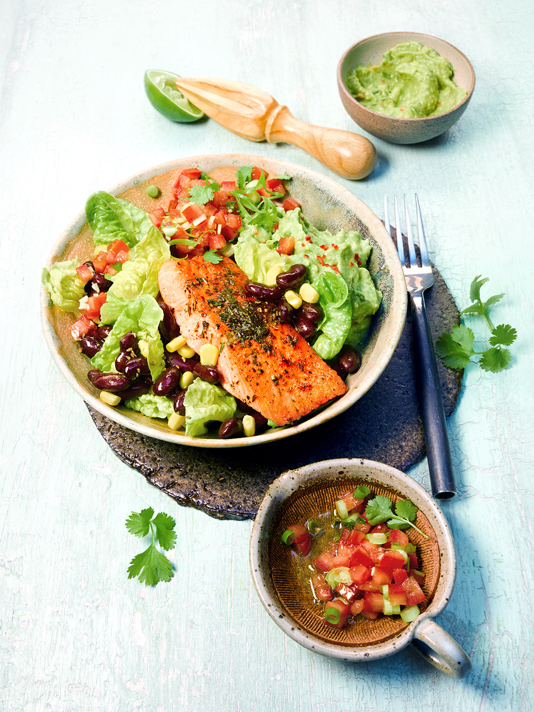 Burrito Bowl with Alaska Wild Salmon, Guacamole, Tomato-Salsa and Mexican Salad – DelicioUS!