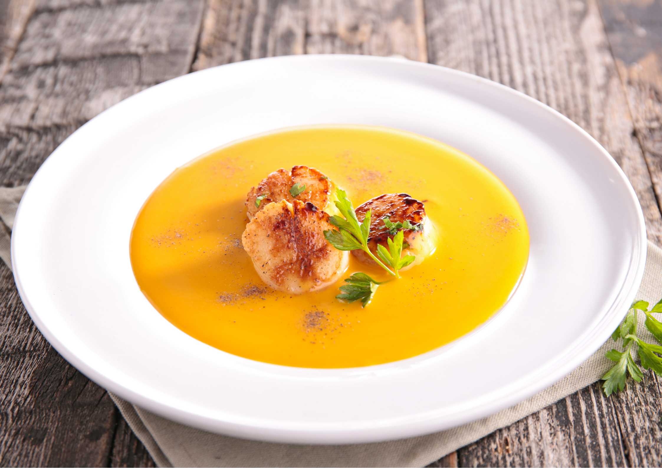 Autumnal Pumpkin Soup from Maine with Pan-Seared Scallops – DelicioUS!