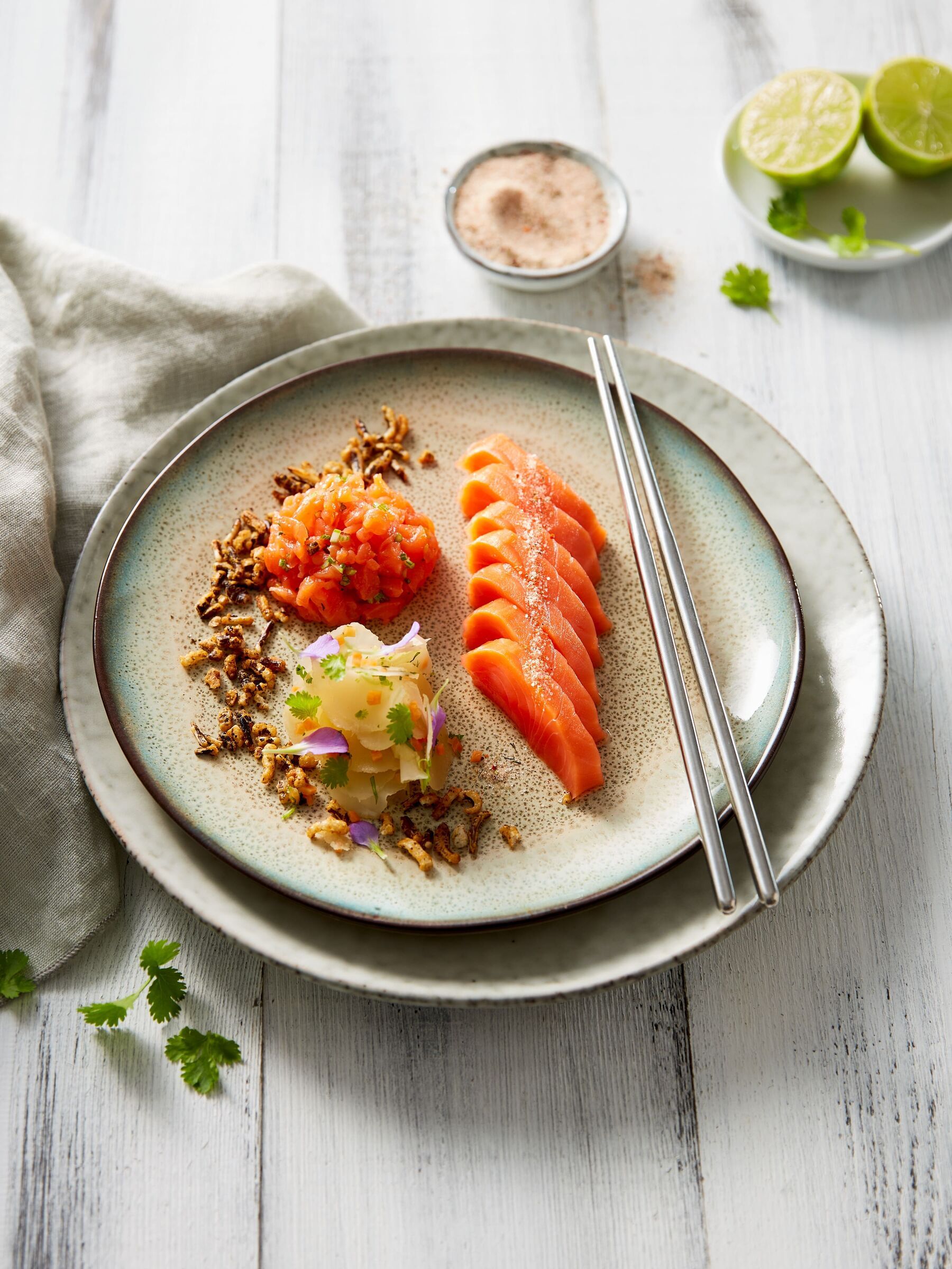 Wild Alaska Salmon Sashimi and Tartare with Jerusalem Artichokes and Wild Rice – DelicioUS!
